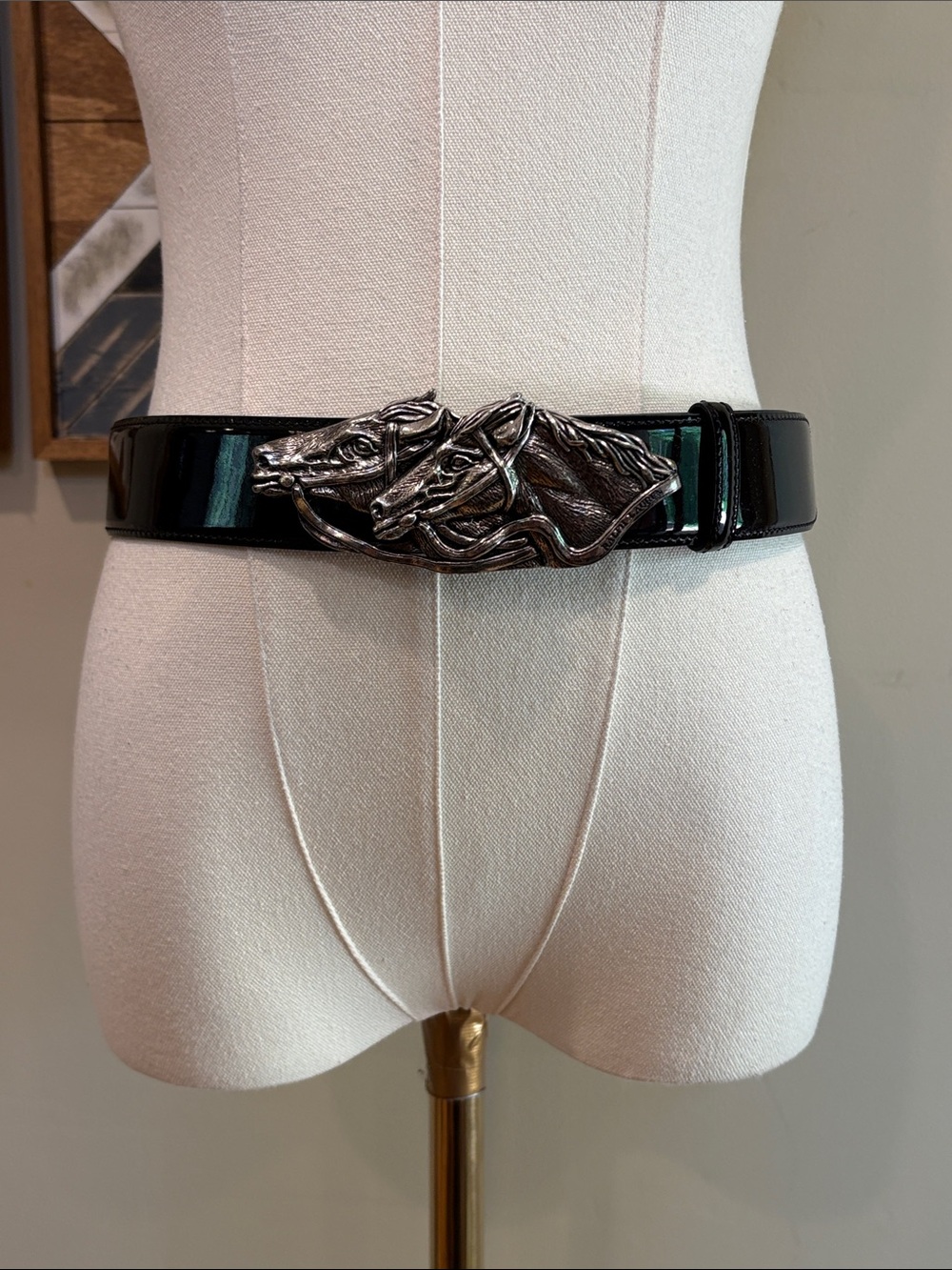 Vintage Ralph Lauren Black Patent Leather Belt with Double Horse Head Buckle M